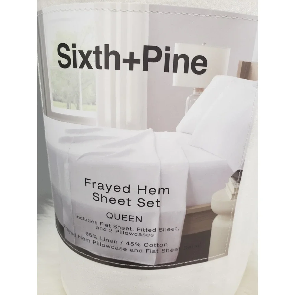 Sixth + Pine White Frayed Hem Queen Sheet Set 4pc Linen Cotton Blend‎ NEW